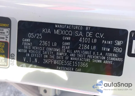 2025 Kia K4 Gt-Line z USA, uszkodzony, nr VIN 3KPFW4DE5SE151366